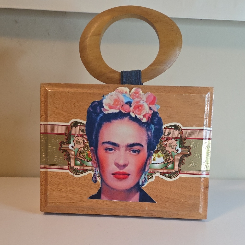 Artistic Wooden Handle Clutch with Frida Kahlo Design